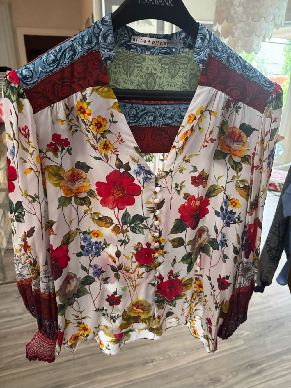 Alice + Olivia Multicolor Floral Button-Front Blouse with Red Accents